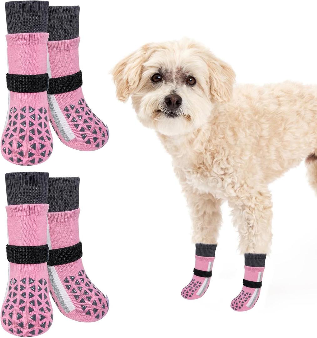 SCENEREAL Anti Slip Dog Socks for Hot Pavement to Prevent Licking Paws, Long Sporty Style Reflective Dog Grip Socks for Hardwood Floors, Dog Shoes Booties&Paw Protector for Small Senior Dog, Pink Small, Pack of 4