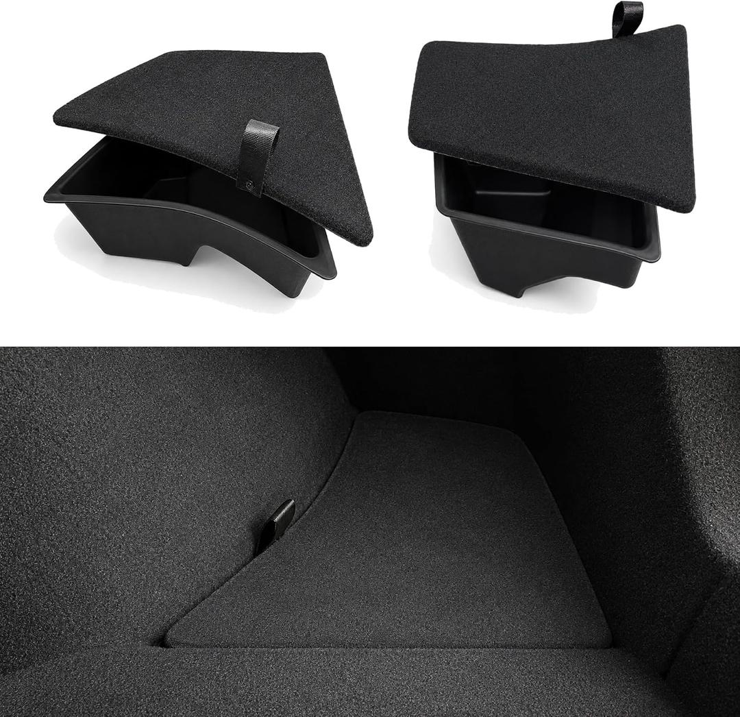 Trunk Side Storage Bins for 24-26 Tesla Model 3 Highland (2 Pack) | Waterproof TPE bins with carpeted lids, Hides messy gear like umbrellas and shoes, keeping your trunk spotless and flat