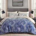 DJY Paisley Queen Comforter Set, 7 Pcs Khaki and Purple Blue Gradient Comforter Bed in a Bag, Microfiber Boho Paisley Floral Bedding Set with Sheet Set for All Season (Gradient, 90''x90)