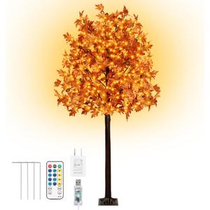 FastDeng 7Ft 170 LED Fall Prelit Maple Tree Thanksgiving Decor, Dimmable Timing 8 Flashing Modes Autumn Artificial Tree with 17 Acorns 340 Leaves for Home Indoor Outdoor Harvest Halloween Decorations