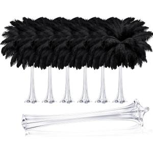 meekoo 6 Pcs Eiffel Tower Vases for Centerpieces with Ostrich Feathers 20 Inch Tall Skinny Clear Glass Extra Large Long Flower Vase for Wedding Flower Arrangement Home Decoration(Black)