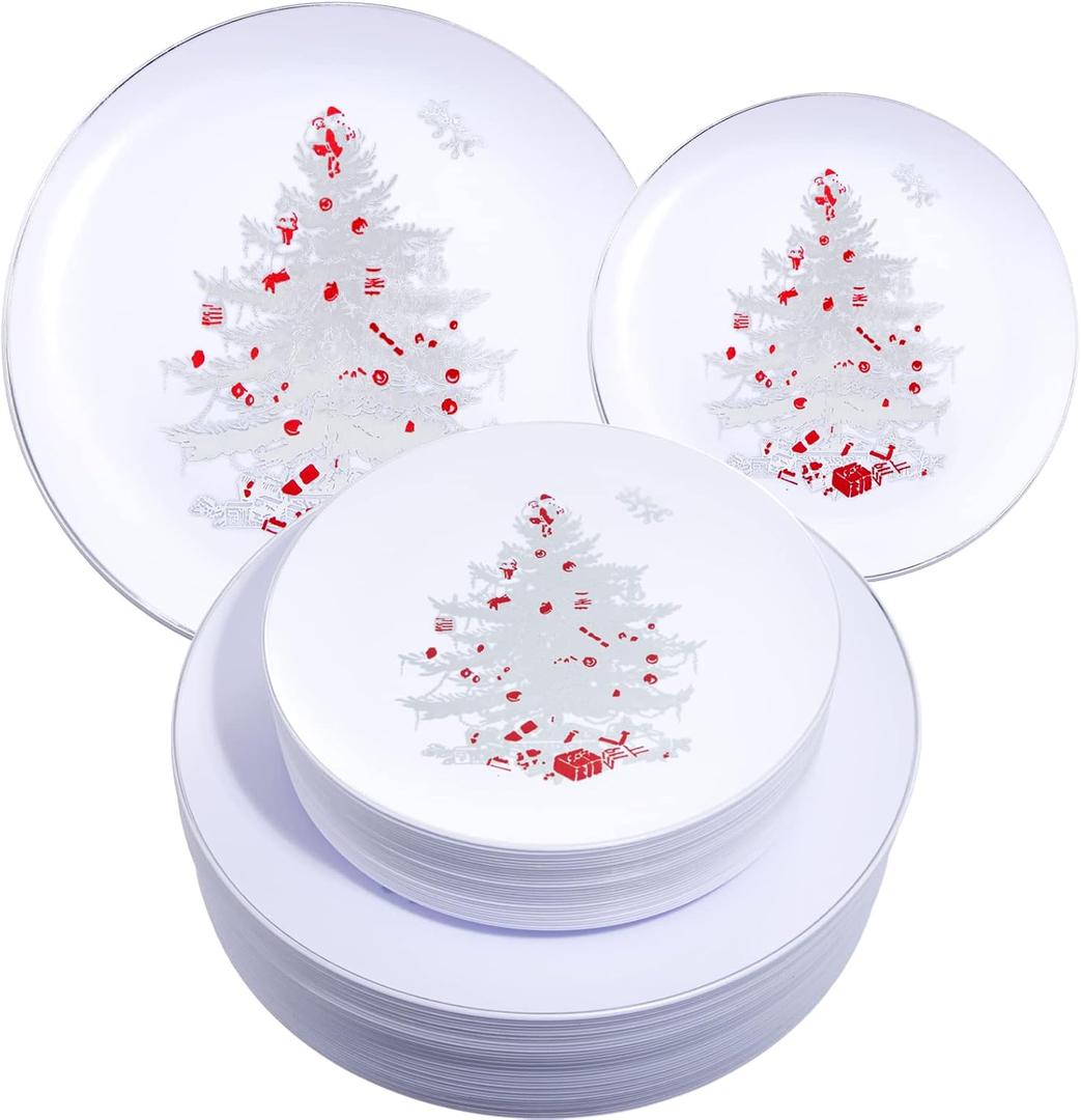 Rubtlamp 60PCS Christmas Plastic Plates, Disposable Party Plates, White Plastic Plates with Silver Christmas Tree Include 30White Dinner Platos, 30Silver Salad Platos