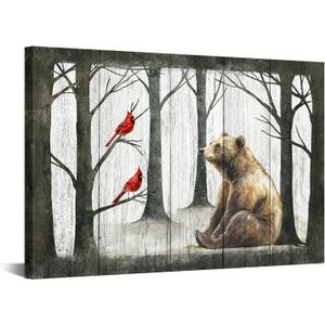 iKNOW FOTO Woodland Animal Nursery Canvas Wall Art Bear and Northern Cardinals Tree Watercolor Painting Forest Wildlife Poster for Boys and Girls Room Rustic Modern Home Decor 16x24 Ready to Hang