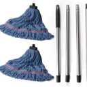 Matthew Large Commercial&Residential Mop Heavy Duty Industrial Mops w/Screw-on handle(Fit Standard American Screw)Looped-End String Wet Cotton Mops for Home,Office,Warehouse - 1 Set&2 Mop Replacements