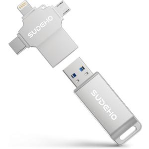 MFi Certified Photo Stick 128GB USB Flash Drive for iPhone, 4 in 1 External Memory Thumb Drive for Picture Video Saver and Backup, High Speed Memory Stick USB Drive for iPhone/iPad/Android/PC (Silver)