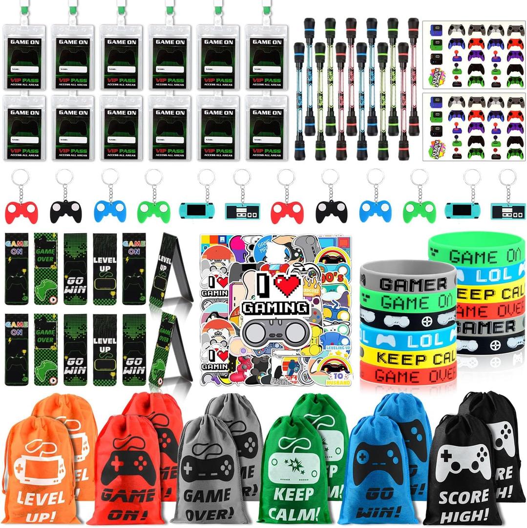 KISPATTI Video Game Party Favors, 124 PCS Gaming Birthday Party Supplies with Drawstring Bags VIP Pass Tickets Keychain Temporary Tattoo Stickers Game Theme Goodie Bag for Kids Gamer