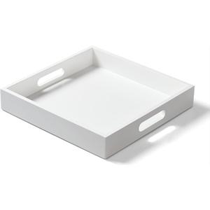 White Wooden Serving Tray with Handles, 12"x12"x2"H Square Countertop Organizer Tray， Decorative Cosmetics Trays for Kitchen, Bathroom, Sturdy Food Trays for Breakfast, Tea