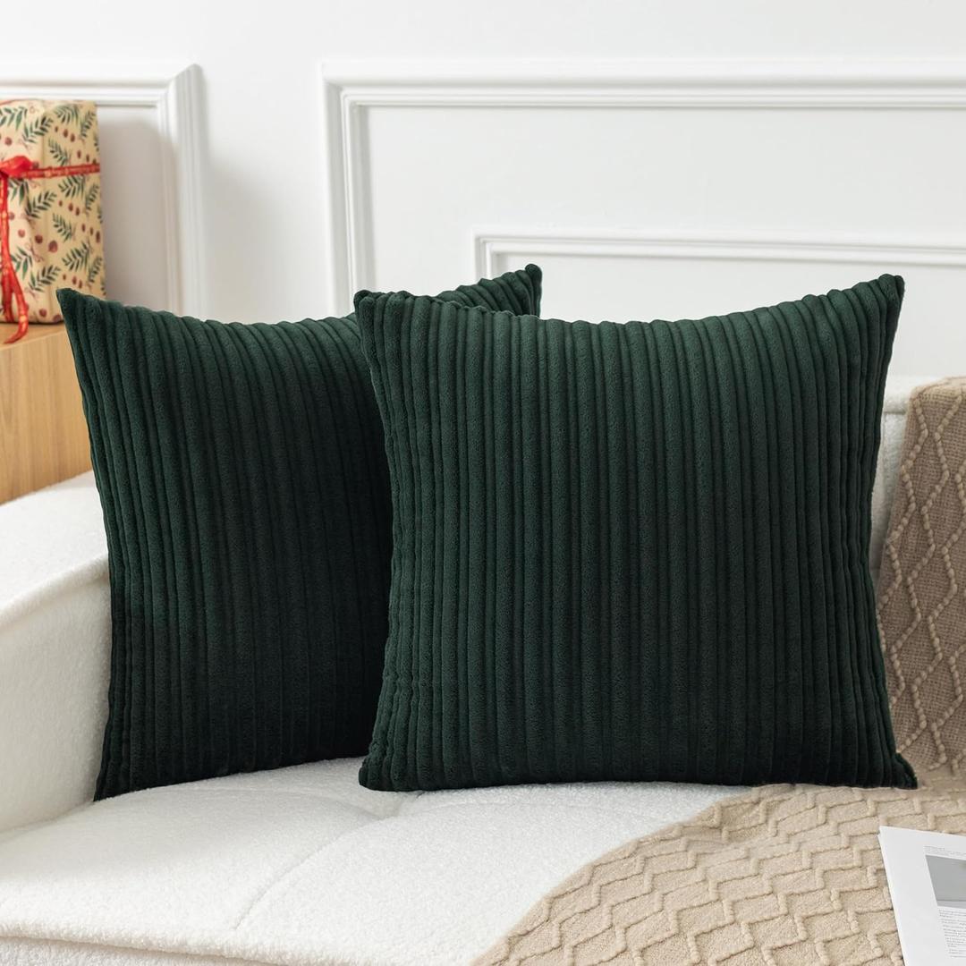 UGASA Velvet 20x20 Inch Soft Throw Pillow Covers Decorative Striped Corduroy Both Sides Solid Square Cushion Cases Boho Farmhouse for Couch Bedroom Sofa Home, Pack of 2, Dark Green (20" x 20" (Pack of 2))