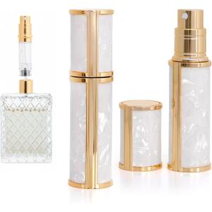 Ms Lovely Pearlescent Travel Perfume Atomizer Bottle  5ml Refillable Mini Spray for Purse, TSA Approved Portable Fragrance Dispenser (White and Gold)