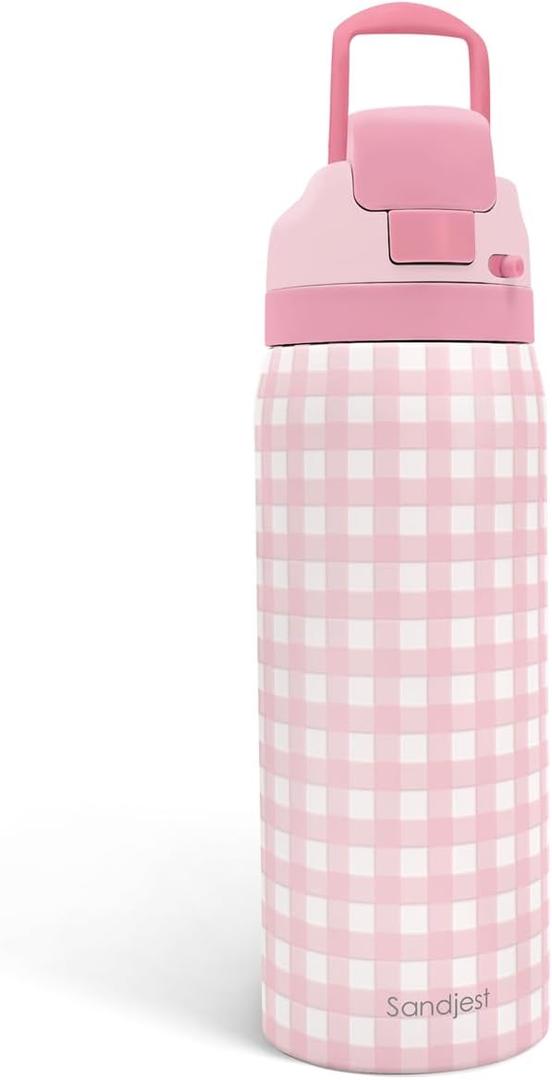 Gingham Pattern Insulated Stainless Steel Water Bottle with Straw, Push-Button Lid, 32 Ounce, Gifts for Women Girls Friends Teens Birthday Christmas (Pink)