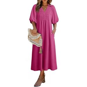 Dokotoo Spring Dresses for Women 2026 V Neck Puff Sleeve Empire Waist Casual A Line Swing Maxi Dress Red Dress X-Large