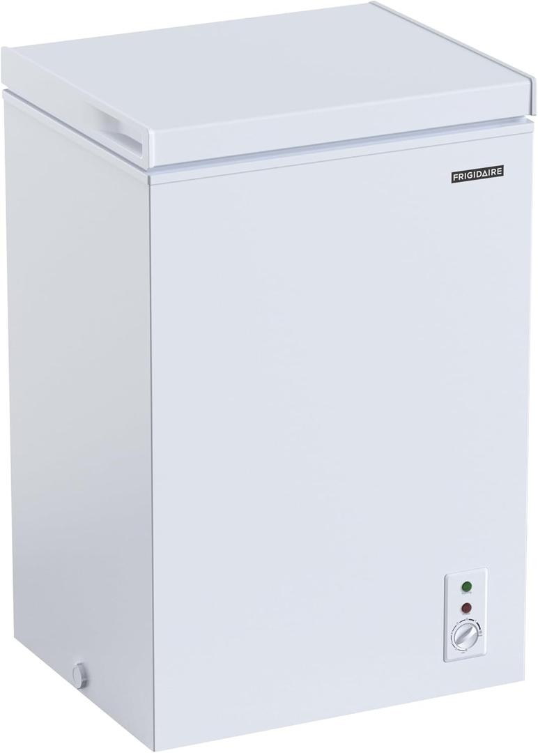 FRIGIDAIRE EFRF3005-AMZ Chest Deep Freezer-Garage-Ready, 3.5 Cu. Ft. Capacity, White-Adjustable Thermostat-Removable Vinyl Coated Wire Basket-Easy Defrost Drain