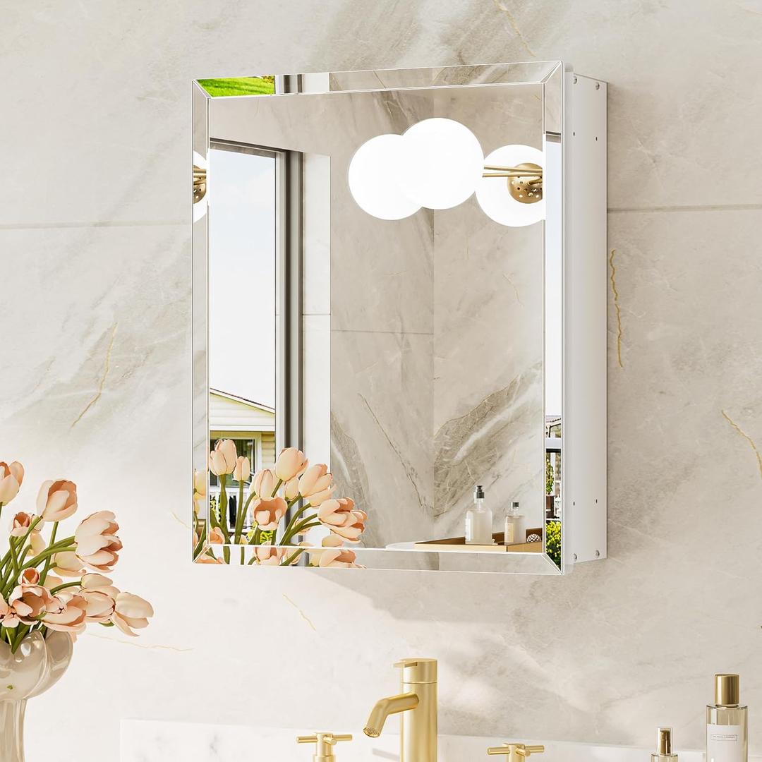 TokeShimi 14 x 18 Recessed Medicine Cabinet with Mirror, Assembly Required, White Medicine Cabinet for Bathroom, Tempered Beveled Mirror, Stepless Adjustable Shelves, DTC Hinge