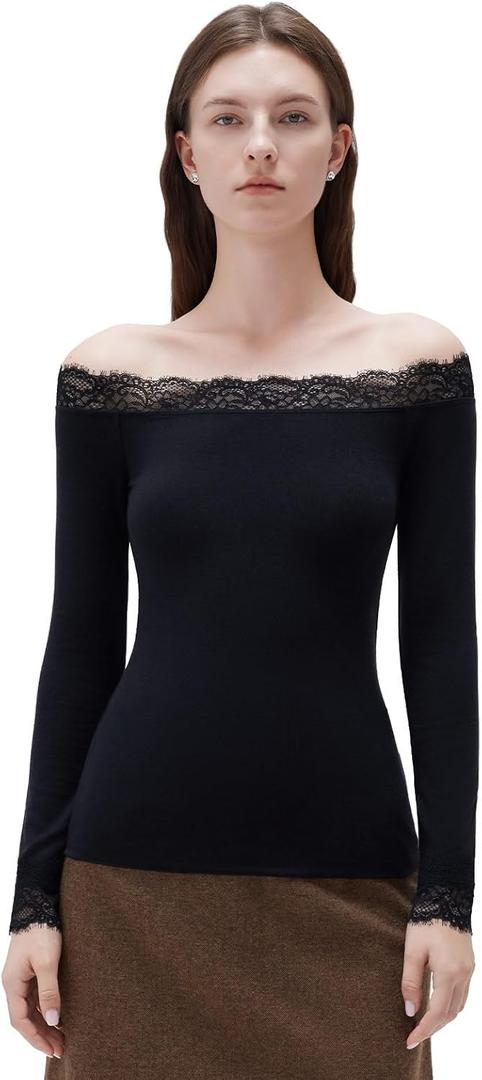 SUUKSESS Cloud Cashmere Women Lace Off Shoulder Long Sleeve Shirt Basic Knit Top (Small, Black)