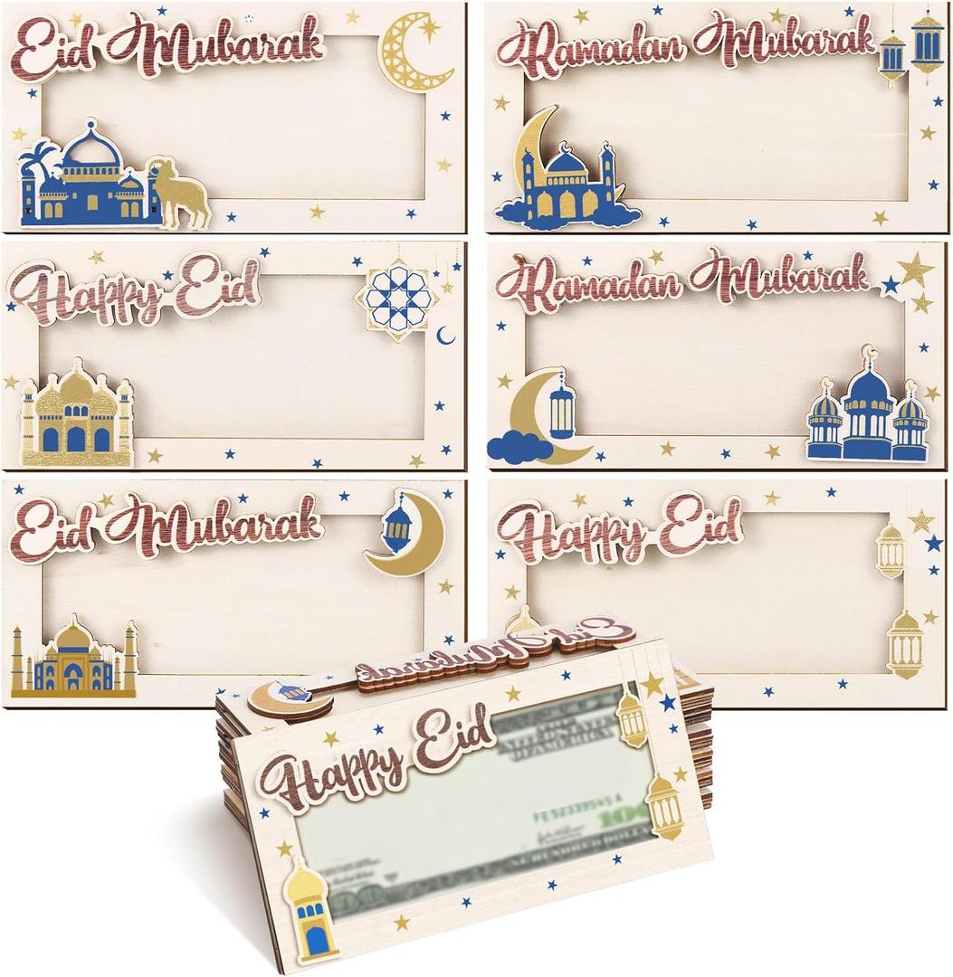 Foilswirl 1 Pcs Eid Mubarak Gifts Wooden Money Holders Wooden Ramadan Money Cash Envelope Box for Friends Family Photo Frame Souvenir DIY Present Gifts Party Decorations