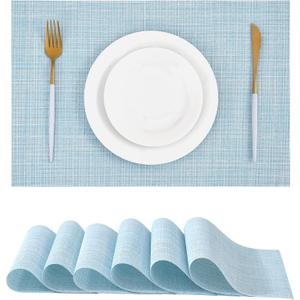 Leetaltree Soft Sky Blue Woven Placemats Set of 6 - Heat Resistant Non-Slip Place mats for Dining Table, Washable Durable PVC Vinyl Woven Table Mats(Sky Blue, 6)