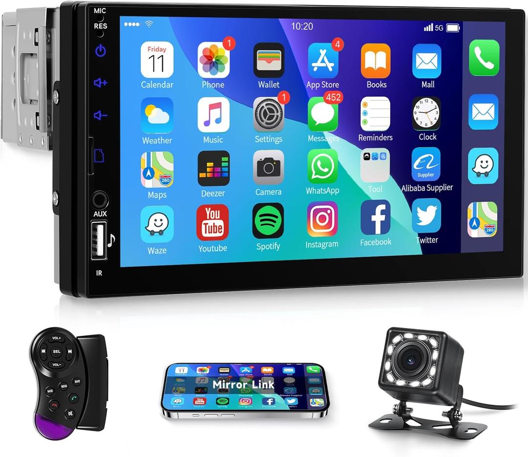 Single Din HD Touch Screen Car Stereo with Bluetooth,1 DIN 7 inch Car Radio Audio Receiver Surpport USB AUX SD Mirror Link Rear View Camera FM EQ SWC Steering Wheel Controller and Color Lights