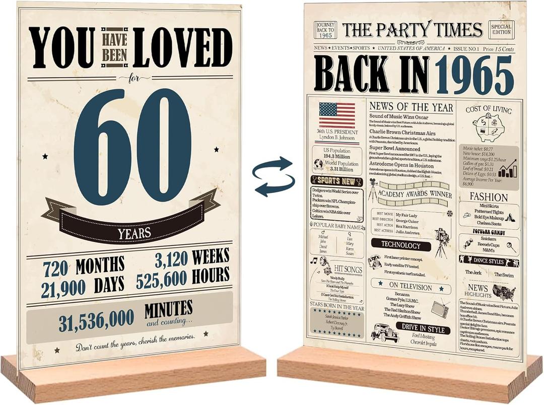 60th Birthday Party Decorations for Women Men, Vintage Back in 1965 Birthday Decor Poster Acrylic Table Sign, 60th Birthday Party Supplies, Double-Sided
