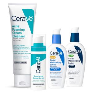 CeraVe Acne Skin Care Set, 5oz Acne Foaming Cream Cleanser + 1oz Resurfacing Retinol Serum + 2oz AM Facial Moisturizing Lotion with SPF 30 + 2oz PM Facial Moisturizing Lotion CeraVe Acne Skin Care Set, 5oz Acne Foaming Cream Cleanser + 1oz Resurfacing Retinol Serum + 2oz AM Facial Moisturizing Lotion with SPF 30 + 2oz PM Facial Moisturizing Lotion