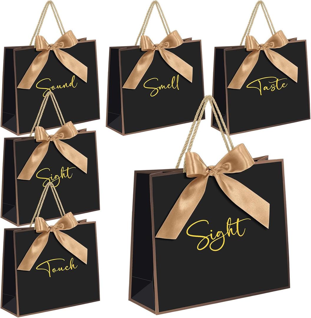 Sweetude 5 Pcs Senses Gift Bags for Him and Her 11.8 x 9.8x 3.9'' Elegant Thank You Paper Gift Bags with Handles and Bow Ribbon for Wedding Bridesmaid Groomsmen Gifts Birthday Baby Shower(Black)