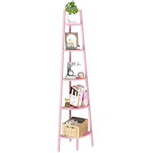 Yoobure Corner Shelf, 5-Tier Corner Bookshelf with Metal Frame, Ladder Corner Shelves Display Shelf for Bedroom Living Room, Tall Corner Bookcase Corner Plant Stand, Wood Small Corner Shelf Stand Home, Pink