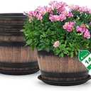 Quarut Large Plastic 4 Pack14 inch Plant Pots,Whiskey Barrel Planters with Drainage Holes & Saucer.Flower Pots Imitation Wine Barrel Design for Indoor & Outdoor Garden Balcony Plants.5 Gallons(Brown)