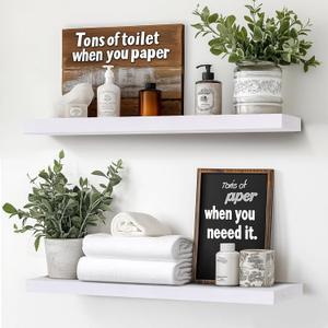 24"x6.8"x1.2" Solid Wood Floating Shelves 2-Pack - Rustic White Finish with Hidden Brackets, Perfect for Storage and Dcor in Living Room, Kitchen, Bedroom