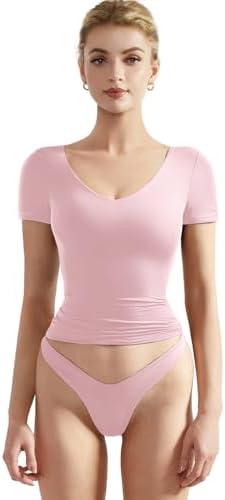 SUUKSESS Women Double Lined Fitted Basic Tee Sexy V Neck Short Sleeve Y2K Crop Top, 

Size S