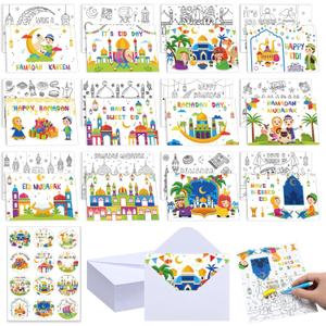 Kolldenn 36 Sets Ramadan Mubarak Coloring Greeting Cards with Stickers Envelopes Color Your Own Eid Mubarak Postcards Ramadan Kareem Paper Crafts