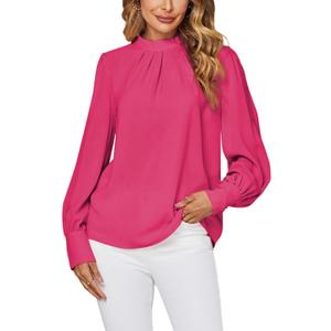 LYANER Women's Mock Neck Pleated Solid Long Sleeve Blouse Office Shirt Top (Pink, XL)