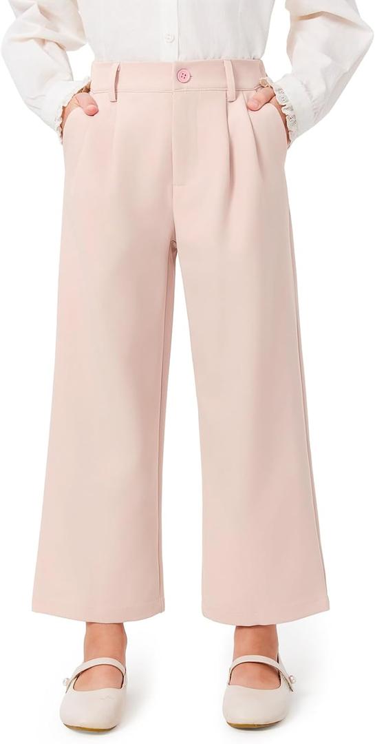 Haloumoning Girls Uniform Pants Kids High Waisted Wide Leg Dress Pants Casual Trousers with Pockets 5-14 Years (9-10 Years, Pink)