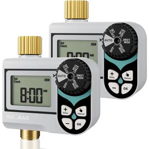 QUOBAS 2 Pack Low Pressure Water Timer, Programmable Sprinkler Timer with Brass Inlet & Outlet for Rain Barrel, Garden Hose, with Ball Valve & Waterproof Screen, Rain Delay/Manual/Auto Modes