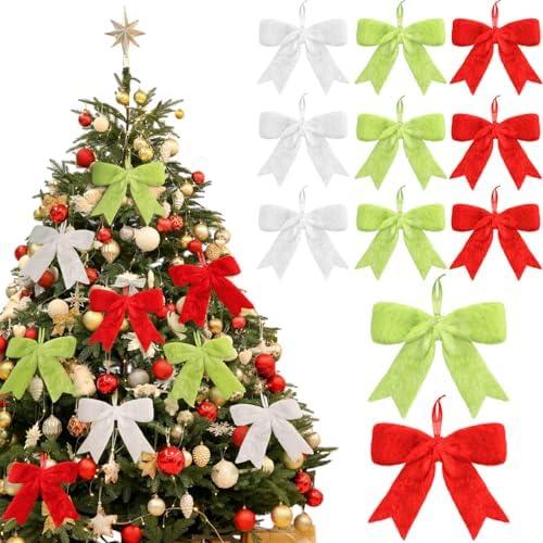 Suncalla 9 Pcs Faux Fur Bows for Christmas Tree Decoration, 6.3 Inch Premade Christmas Bows Xmas Tree Hanging Ornament for Wreath, Gift Wrapping, DIY Craft, Home Decor (Lime Green, Red, White)