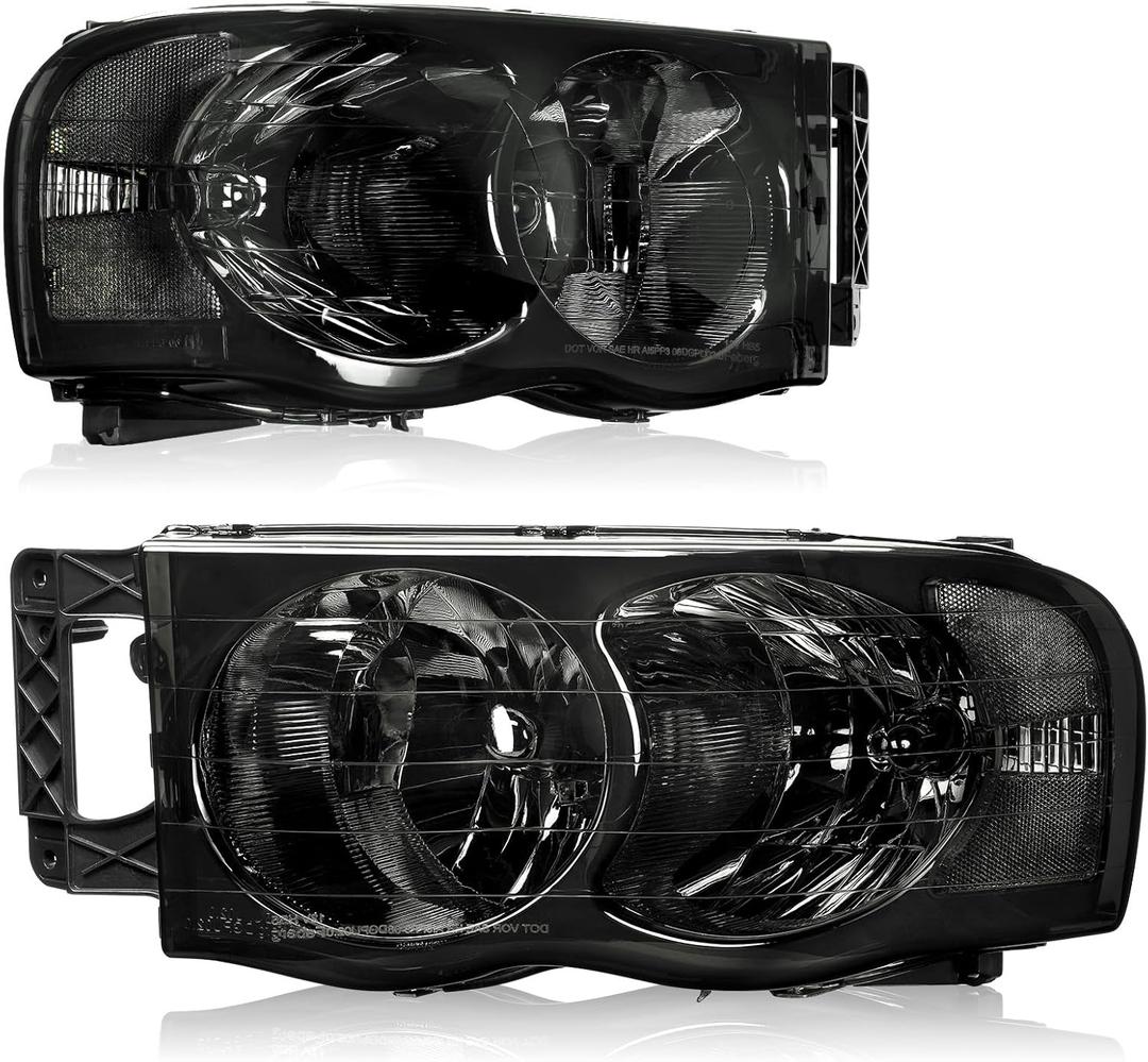 DWVO Headlights Assembly Compatible with 2002 2003 2004 2005 Dodge Ram 1500 2500 3500 Pickup Headlamp Replacement Smoke Lens Clear Reflector