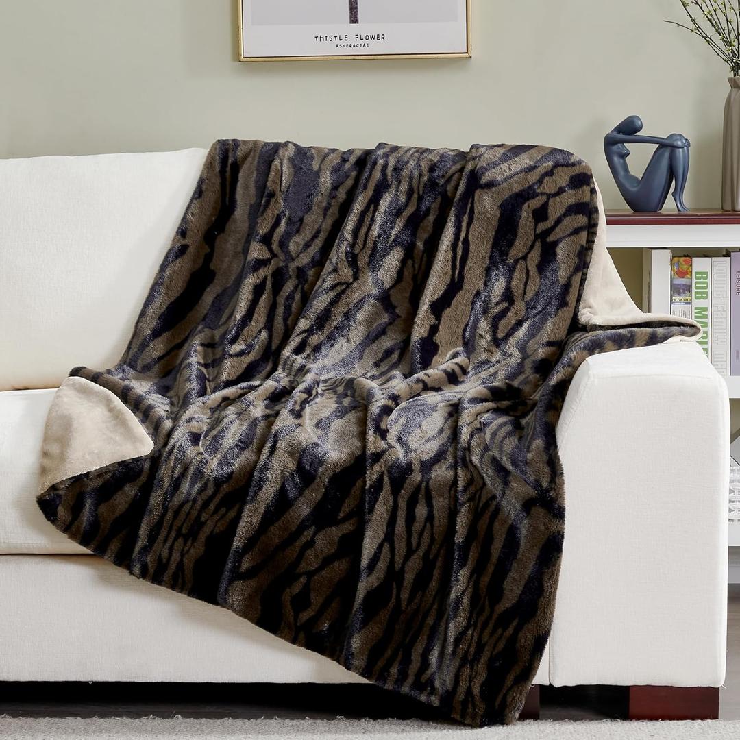 DREAMNINE Luxury Soft Fuzzy Tiger Print Faux Rabbit Fur Throw Blanket 50" x 60", Double Sided Thick Cozy Plush Shaggy Fluffy Lap Blanket,Cute Warm Animal Printed Furry Blankets for Winter,Brown Coffee