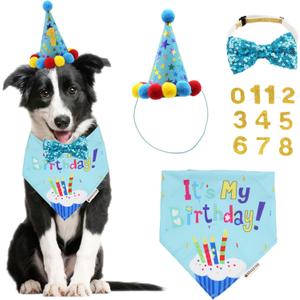 ADOGGYGO Dog Birthday Bandana Scarf and Blue Boy Pet Birthday Party Hat with Cute Bow Tie for Medium Large Dog Pet (Large)