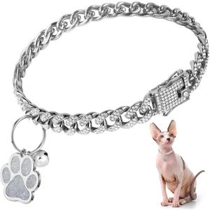 Hillban Cat Collar Diamond Chain Glitter Collar Walking Metal with Secure Buckle Cat Pet Necklace with Paw Charm and ID Tag Bell Link Cuban Jewelry Accessories Gift(8 Inch, Silver)