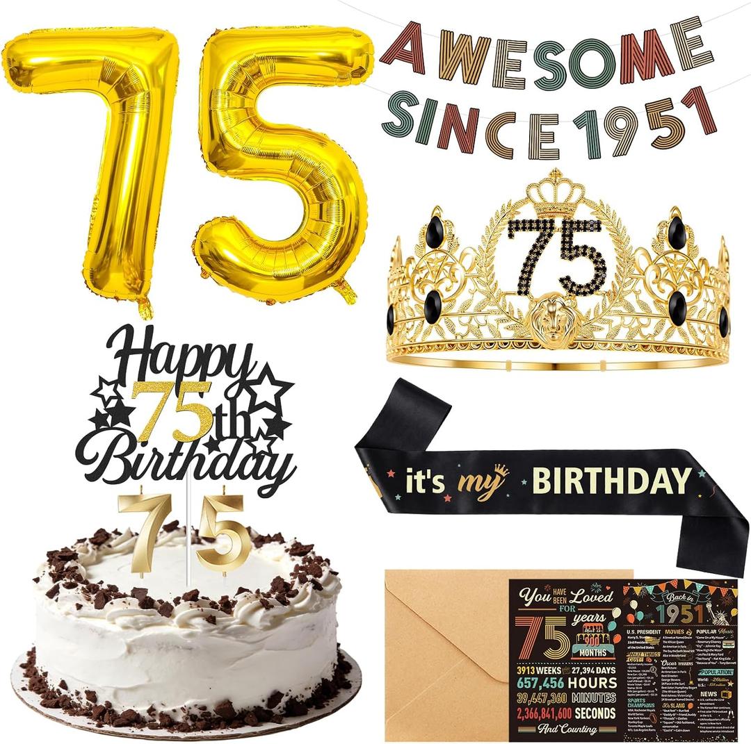 75th Birthday Decorations for Men - Vintage 1951 Birthday Supplies with Banner, Crown, Sash, Cake Topper, Gold 75 Number Balloons, Card with Envelope, 75 Year Old Party Decor Set for Him