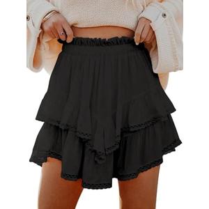 Aoudery Flowy Shorts for Women Casual Boho Ruffle Tiered Skorts High Waist Mini Skirts Golf Tennis Crochet Shorts XS