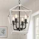 Farmhouse Lantern Chandelier 4-Light, Industrial Brushed White Oak Ceiling Light Fixture with Open Cage and Adjustable Hanging Height, E12 Base for Kitchen Island, Dining Room, Entryway, Foyer