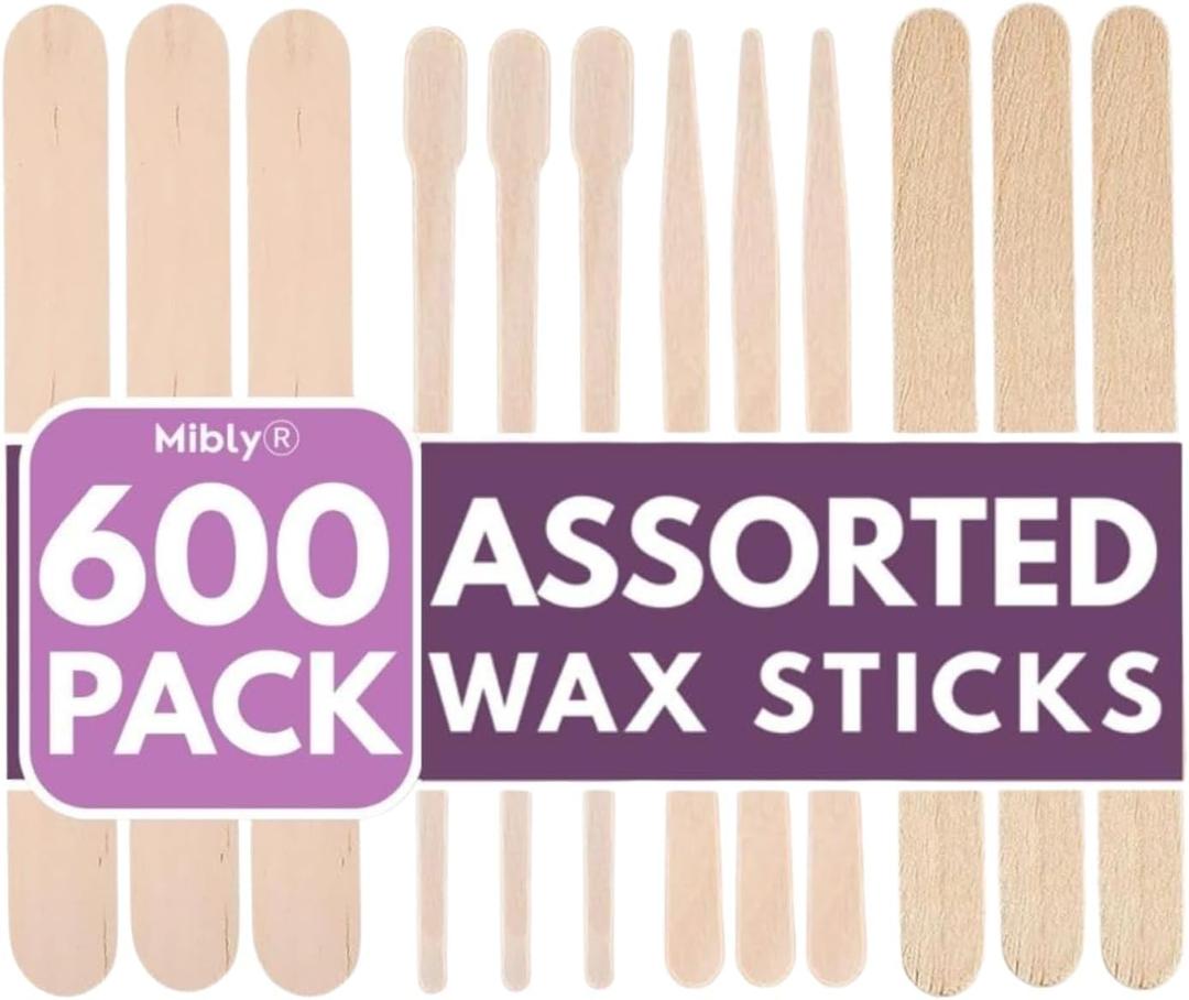 Mibly 4 Style 600 Pcs Assorted Wooden Wax Sticks for Body Legs Face Small Medium Large Sizes Eyebrow Waxing Applicator Spatulas for Hair Removal or Wood Popsicle Craft Sticks (Mix Sticks Pack of 600)