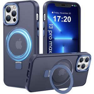 Compatible with iPhone 13 pro max Case with Magnetic Ring Stand, Military Drop Protection, Anti-Scratch/Anti-Fingerprint Translucent Matte Phone Case for iPhone 13 pro max (Dark Blue)