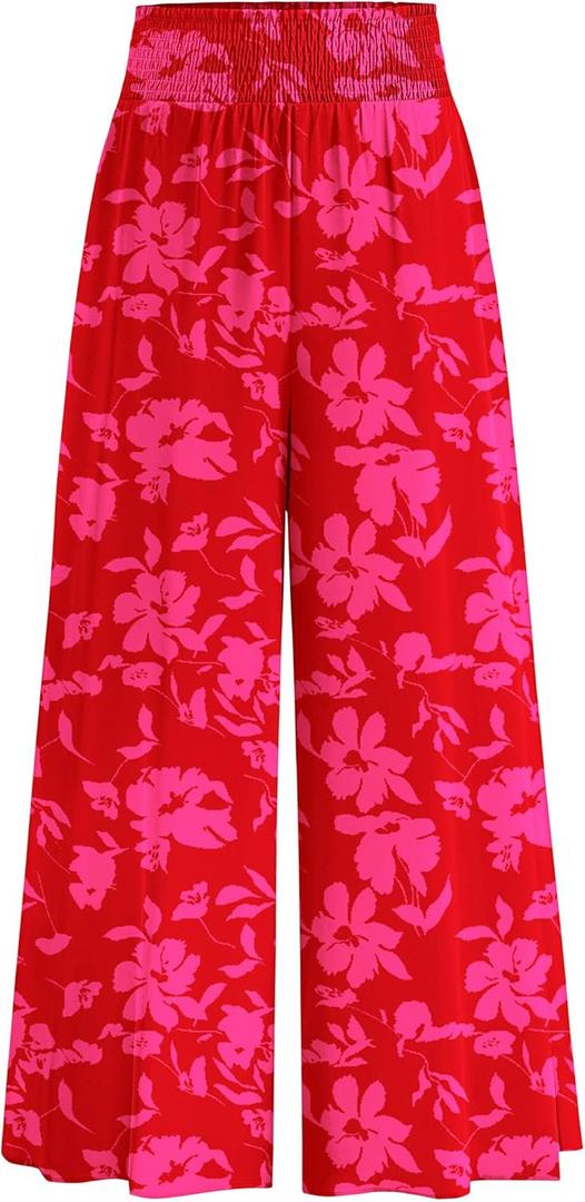 PRETTYGARDEN Women's 2025 Summer Flowy Wide Leg Palazzo Pants Dressy Casual Elastic High Waisted Pockets Boho Beach Trousers (Large, Floral Red Pink)