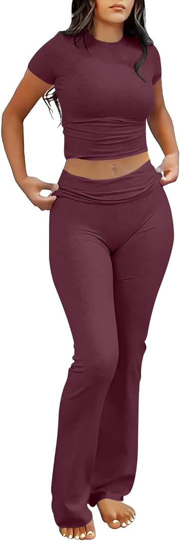 ANRABESS Lounge Sets for Women 2 Piece Foldover Yoga Flare Leggings Pants Crop Tops Casual Y2K Outfits Matching Tracksuit Set (Large, Burgundy)