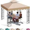 10x10 Canopy Replacement Top, Double Tiered Gazebo Cover with Air Vent Heavy Duty, Waterproof Gazebo Roof with Upgraded 300D Polyester for Outdoor Patio Garden Canopy (Khaki, Wavy Edge)