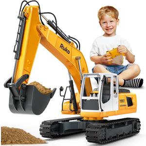 Ruko 1561 RC Excavator 3 in 1 Construction Toys for Boys, 17 Channel Remote Control Vehicles with Grab Alloy Shovel Drill, Realistic Lights & Sounds Digger Sandbox Gifts for 6-14 Years Kids Adults