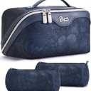 BOYATU Travel Makeup Bags Cosmetic Organizer Bag: 3-Set Large Capacity Make up Bag - PU Leather Toiletry Bags for Women - Wide Open Portable Pouch with Divider & Handle (02-Dark Blue)