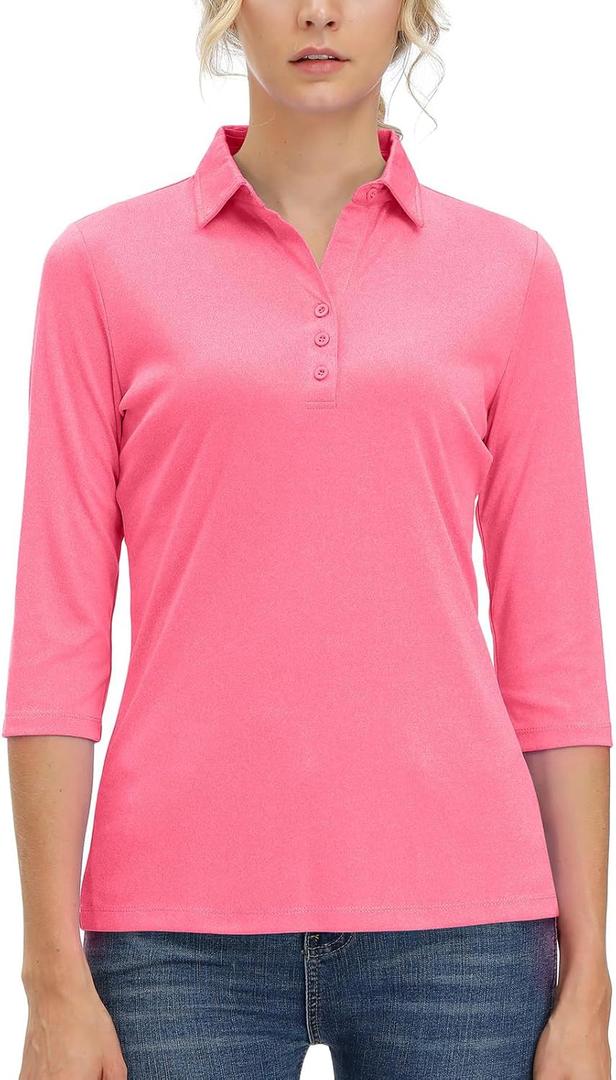 MOHEEN Womens Dry Fit Polo Shirt 3/4 Sleeve Golf Collared Shirts UPF 50+ Top (Pink, XXL)