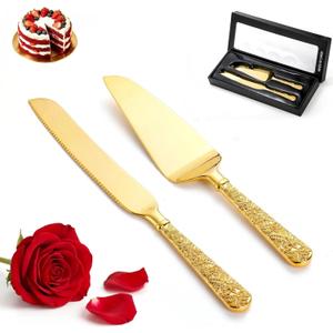 Dicunoy 2 PCS Gold Cake Knife and Server Set, Wedding Cake Cutting Utensils, Vintage Engraved Cake Cutter and Serving Spatula for Birthday,Anniversary, Vibrant Gold