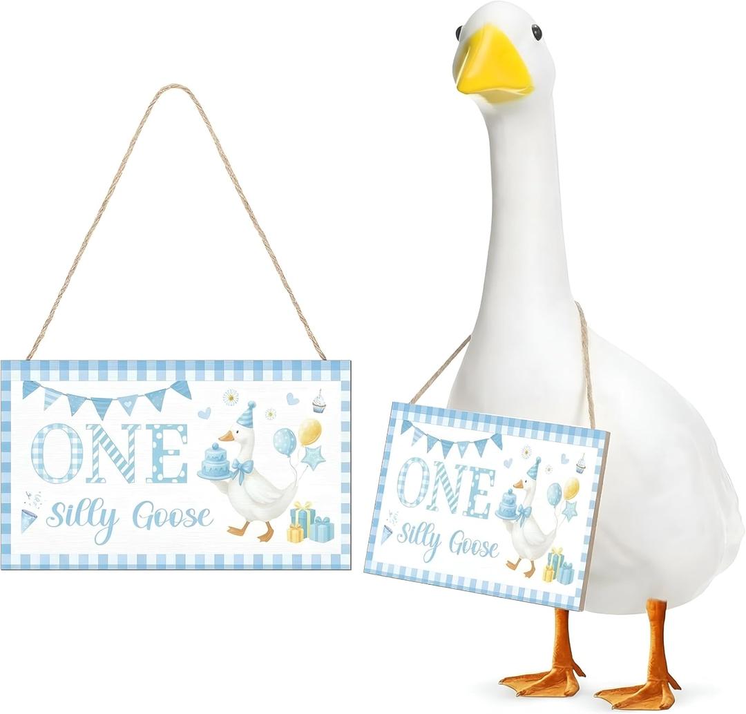 2 x 1 Pcs Blue Porch Goose Sign Wooden One Silly Goose Outfit Birthday Party Hanging Decor for 23" Outdoor Statue Yard Lawn Accessories Baby Shower Decor